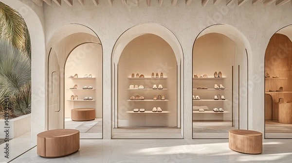 Fototapeta Minimalist Shoe Boutique with Archways.  Open spaces showcase stylish footwear on shelves behind arched windows.  Light beige tones create a tranquil atmosphere