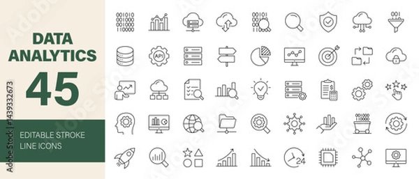 Fototapeta Data analytics icon set. Containing database, statistics, analysis, server, financial, SEO, monitoring, graph, hosting, data mining and more. Editable line icons. Vector illustration.