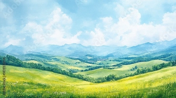 Obraz Rolling green hills are set against a clear blue sky and fluffy white clouds, the Tuscan-style landscape is bathed in a soft morning mist, and the watercolor effect shows the tranquil rural beauty.