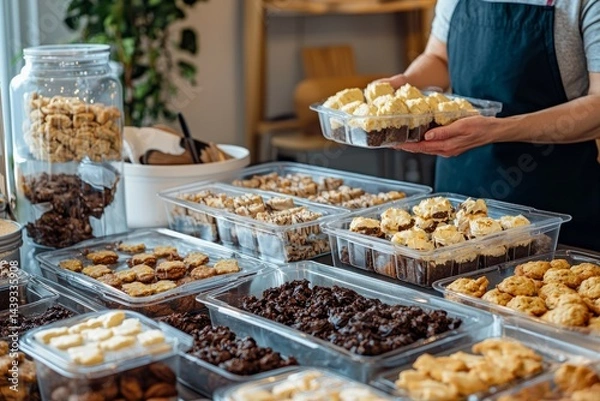 Fototapeta A kitchen counter filled with cookies and treats in containers. A person takes orders for their homemade baked goods. The mood is joyful and driven