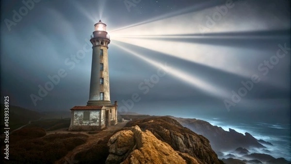 Obraz Majestic Lighthouse Illuminating Rocky Coastline Under Starry Sky at Night