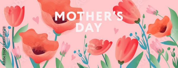 Fototapeta Mother's Day poster or banner with flowers. Promotion and shopping template, vector illustration