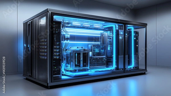 Fototapeta Hyper-realistic 8K rendering of a next-gen hydrogen-powered data center with modular racks, advanced cooling, and sleek high-tech materials. Futuristic, energy-efficient, and ultra-detailed