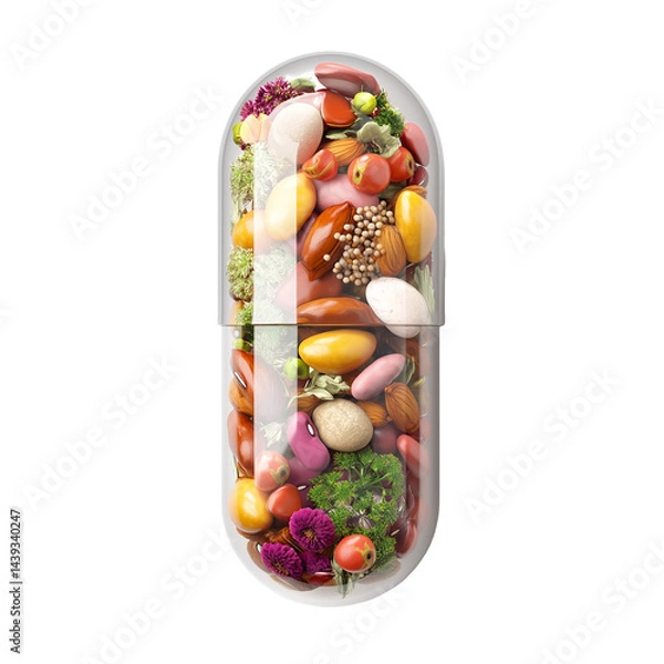 Fototapeta Transparent capsule filled with fruits, nuts, lentils, beans, flowers, and herbs, isolated with transparent background