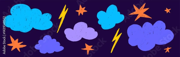 Fototapeta Crayon cloud texture with sky, star and lightning. Crayon kid scribble naive design. Blue cloud, yellow lightning and orange star with chalk texture. Vector illustration