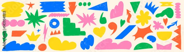 Fototapeta Kid shape geometric crayon. Figure with texture and organic form. Geometry shape naive y2k style with crayon texture