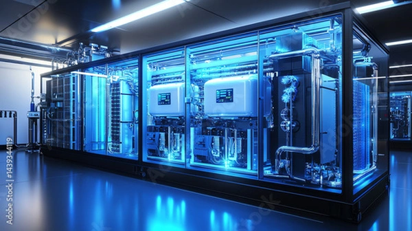 Fototapeta Hyper-realistic 8K rendering of a next-gen hydrogen-powered data center with modular racks, advanced cooling, and sleek high-tech materials. Futuristic, energy-efficient, and ultra-detailed