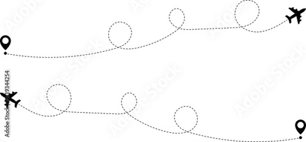 Fototapeta Airplane routes. Travel icon. Travel from start point and dotted line tracing.