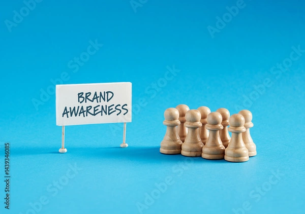 Fototapeta Chess pawns standing next to banner with the message Brand Awareness.