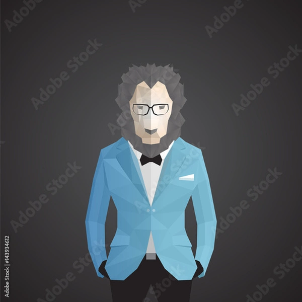 Obraz Stylish lion in blue jacket. Dark gray background.