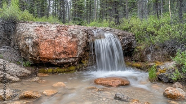 Fototapeta Cascading waterfall over rocks in a forest.  Small stream flows over a large boulder