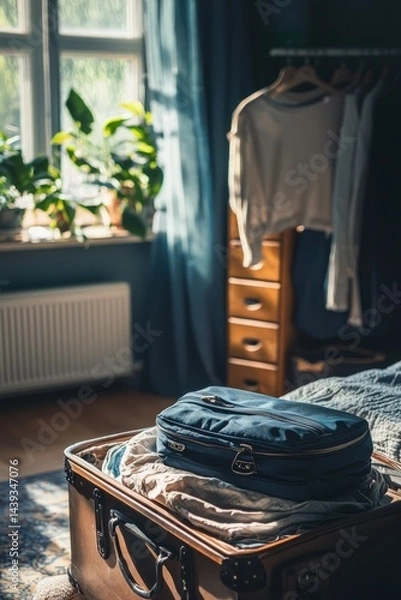Fototapeta A bedroom with a suitcase packed and then unpacked. A person talks with a friend about cutting back on vacations this year. The mood is thoughtful and a little regretful 