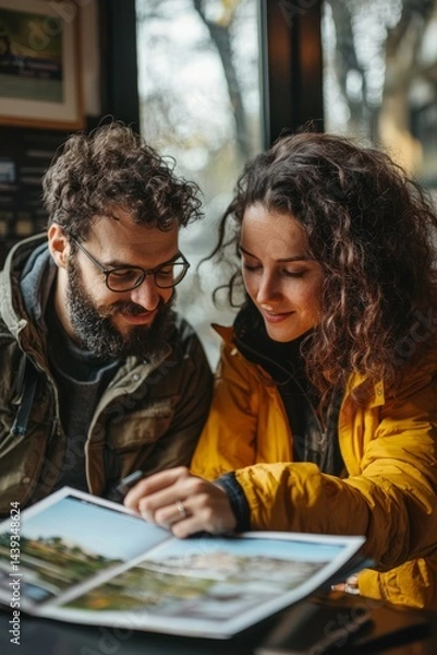 Fototapeta A couple looking at a travel brochure and then putting it down. They decide to cancel their vacation plans to focus on saving for future goals. The mood is calm and thoughtful