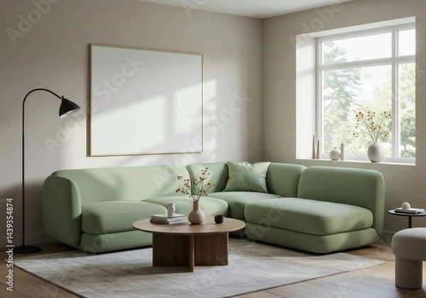 Fototapeta A modern home interior is depicted, featuring a stylish light green curved sofa, a round wooden coffee table, and bright natural light illuminating the space