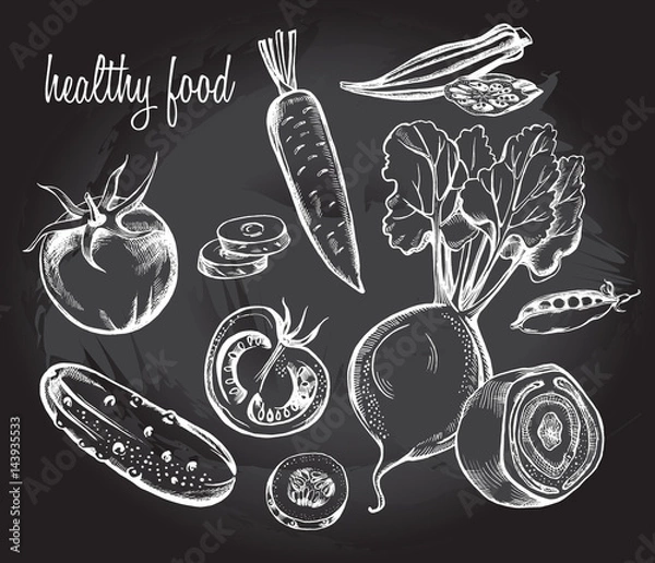 Fototapeta Hand drawn set of vegetables - peas, okra, beet, carrot, tomato, cucumber.