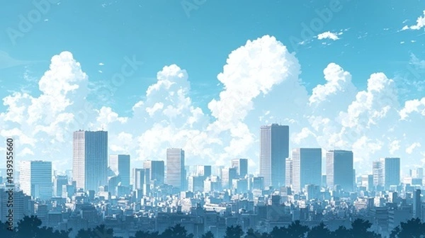 Fototapeta Stunning city skyline under a bright blue sky with fluffy clouds.