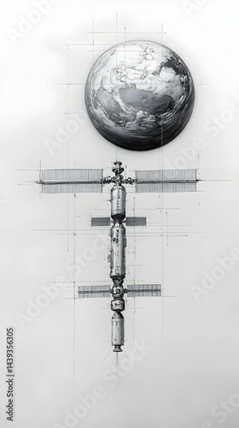 Fototapeta Sketch of a space station below an earth-like planet rendered in black and white with technical drawing style
