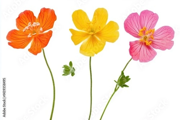 Obraz Vibrant trio of orange, yellow, and pink flowers with green leaves on a white background