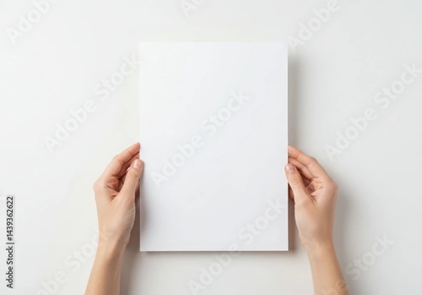 Fototapeta Woman's Hands Holding a Blank White Paper Sheet Mockup for Design