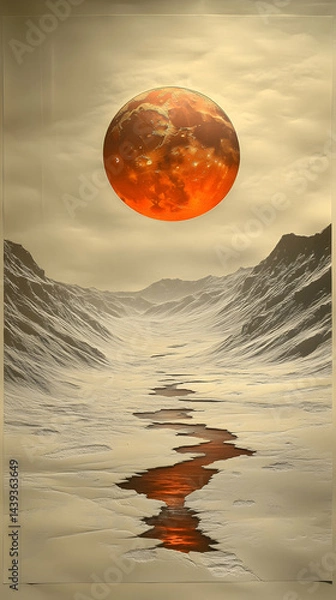 Fototapeta Vast alien landscape with a blood river beneath a massive orange planet against a cloudy sky