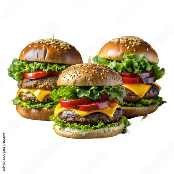 Fototapeta Three irresistible burgers with unique toppings and flavors isolated on white background