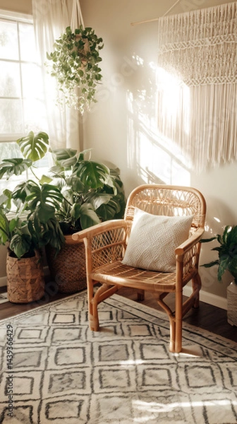 Fototapeta Modern boho living room with a rattan chair, patterned rug, lush plants, and natural decor creating a cozy, stylish, and inviting interior space with a warm atmosphere