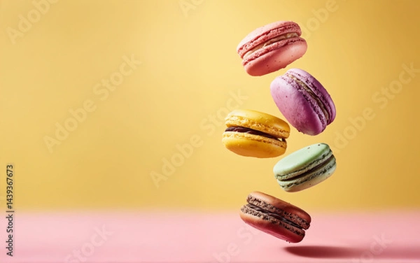 Fototapeta Colorful French macarons floating against a pastel yellow and pink background