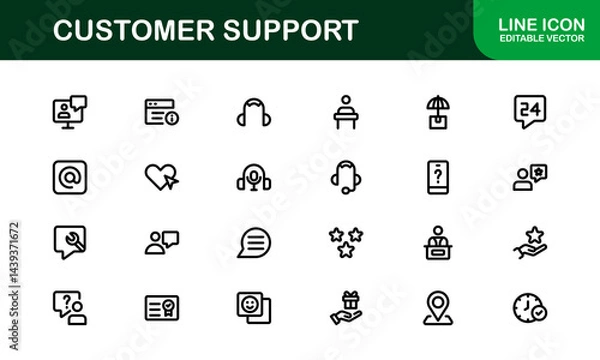 Fototapeta Customer Support Service Icons – Professional Vector Line Illustrations for Online Help, Chat, Call Assistance, and Technical Support Graphics