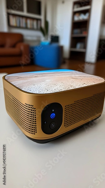 Obraz Golden device with beach view on top sits on a table