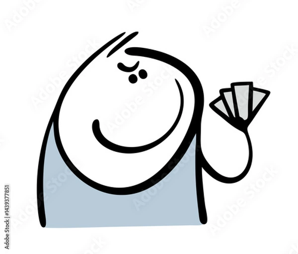Fototapeta Cunning man holds a deck of cards. Vector cartoon illustration and a scammer is tricking the player. Funny stickman at the casino.