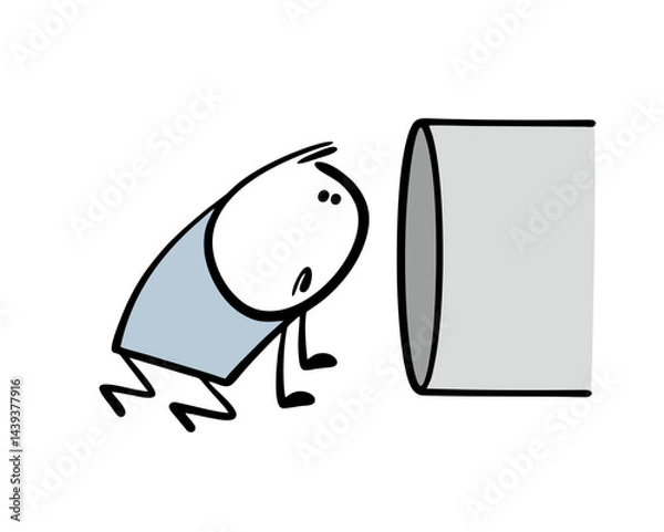 Fototapeta Curious stickman stands on all fours and looks into the pipe. Vector illustration of a cartoon boy interested. A dangerous black hole beckons.