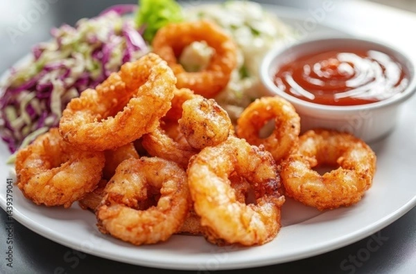 Fototapeta Crispy Fried Onion Rings with Fresh Salad and Dipping Sauce on a White Plate, Perfect for Appetizers or Snack Platter in Casual Dining Setting