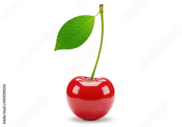 Fototapeta A single, vibrant red cherry with a green stem and leaf stands against a bright white background in a studio shot