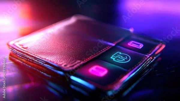 Fototapeta Futuristic wallet, neon lights, dark background, digital money