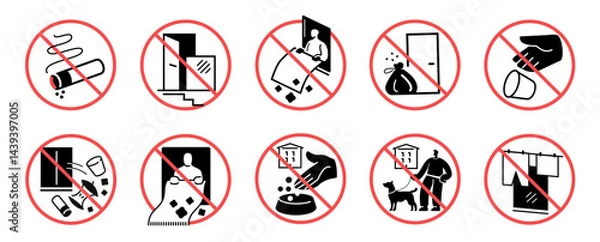 Fototapeta Prohibitory signs set warning about prohibition of various actions. Rules of living in an apartment building