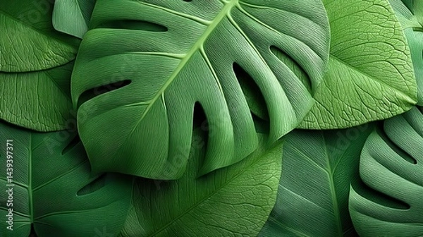 Fototapeta Abstract natural pattern made from overlapping monstera and philodendron leaves, cinematic soft focus --no letters, or text --chaos 70.