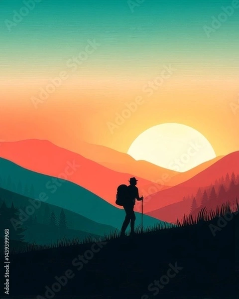 Fototapeta A hiker standing on a hilltop during a sunset, surrounded by colorful mountains.