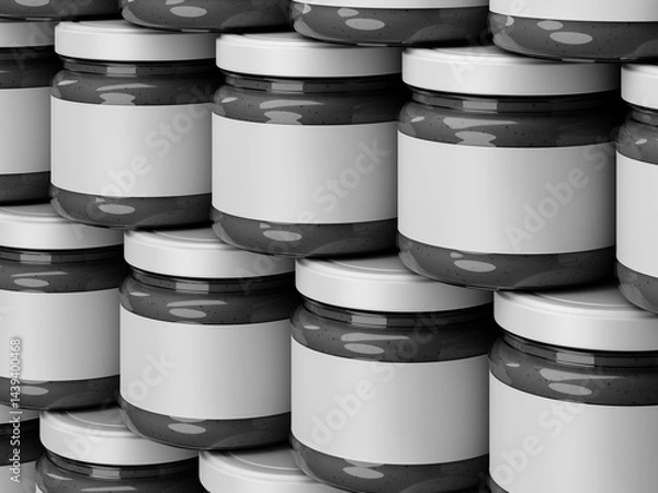 Fototapeta Blank Glass Jar with Sticker Label Mockup Neatly Stacked 3D Rendering