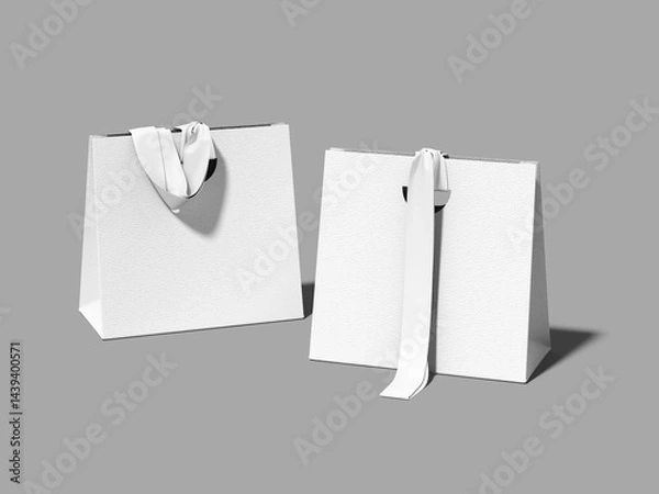 Fototapeta White Blank Luxury Paper Bag with Ribbon Mockup 3d Rendering on Gray Background