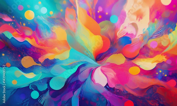 Fototapeta Generated Image　コミュニケーション　空間　概念　デザイン　情報　色　広がり　抽象的　多様性　つながり　イメージ　明るい　ポジティブ　世界　繋がり　未来　交流　万華鏡　幾何学模様　文化　アイデア　融合　カラフル　華やか　インパクト　文化　文化系　壁紙　模様　飛ぶ　弾ける　形　渦　質感　ペイント　絵の具　ペンキ　ファンタジー　環バス　幻想的