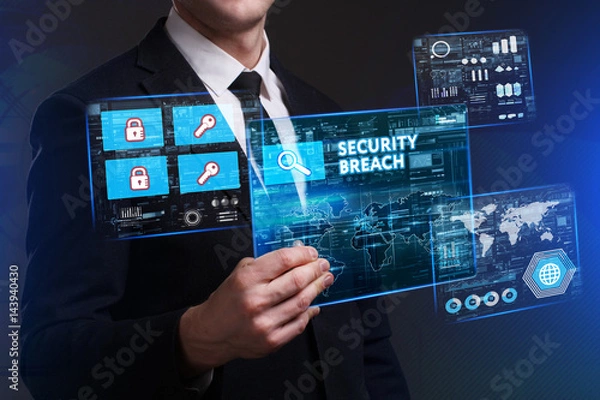 Fototapeta Business, Technology, Internet and network concept. Young businessman working on a virtual screen of the future and sees the inscription: Security breach