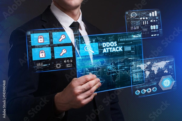 Fototapeta Business, Technology, Internet and network concept. Young businessman working on a virtual screen of the future and sees the inscription: Ddos attack