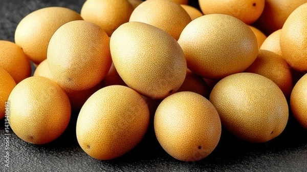Fototapeta Fresh Organic Loquat Fruits Piled Together on a Dark Surface with Natural Texture and Color Variation