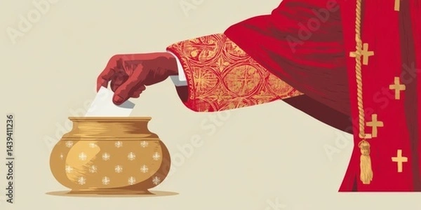 Obraz Flat vector illustration of a Catholic cardinal casting a ballot into a golden urn decorated with crosses during a papal conclave. Editorial style with a clean pastel background, symbolizing faith, tr