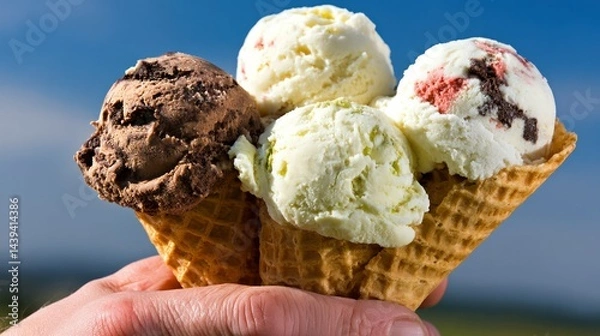 Fototapeta Hand Holding Three Ice Cream Scoops in a Waffle Cone Against a Beautiful Sky