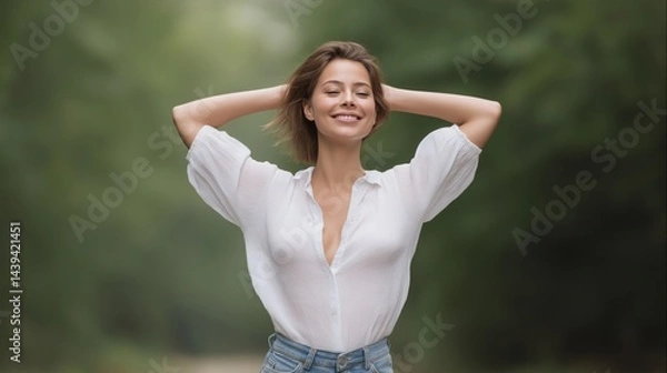 Fototapeta Joyful woman enjoying nature with a radiant smile while standing outdoors under soft sunlight in a serene environment.