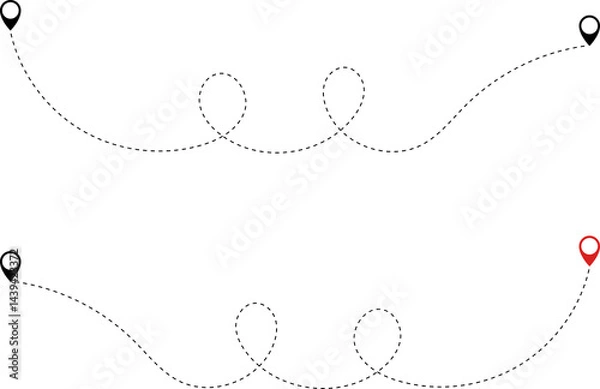Fototapeta Route icon - two points with dotted path and location pin. Route location icon two pin sign and dotted line. Travel icon. Travel from start point and dotted line tracing.