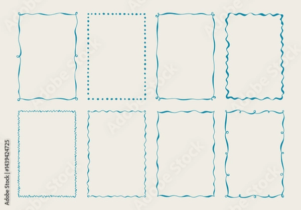 Obraz Set of hand drawn trendy frames. Vector doodle vintage frames with wavy lines and curls. Minimalist retro templates for decoration card, party, holiday, event, poster, invitation, banner.