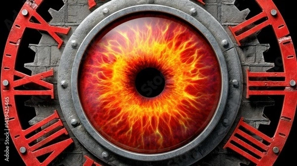 Obraz Fiery Eye with Clock Gears and Red Roman Numerals Emphasizing Time and Alertness in a Dark Background