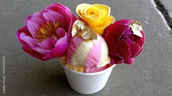Obraz Colorful Ice Cream Dessert with Edible Flowers and Gold Flakes in a White Cup on a Stone Surface